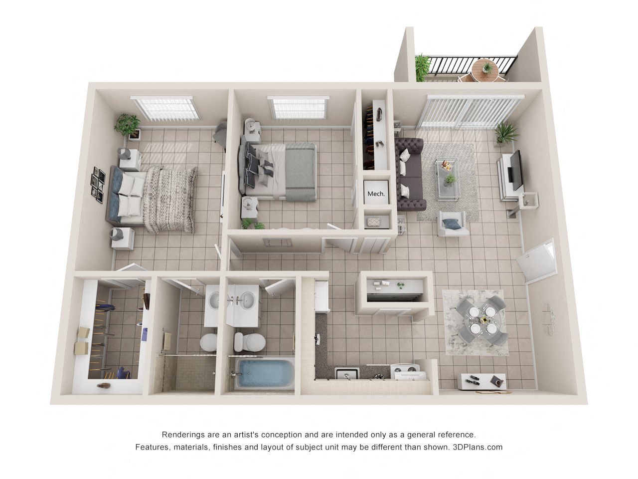 Floor plan for 2 beds, 2 baths, 1000 sqft